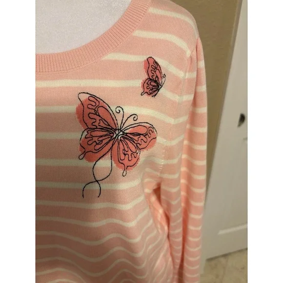 Talbots Crew Neck Pink And White Striped Sweater With Butterfly Embroidery, L - Picture 3 of 9